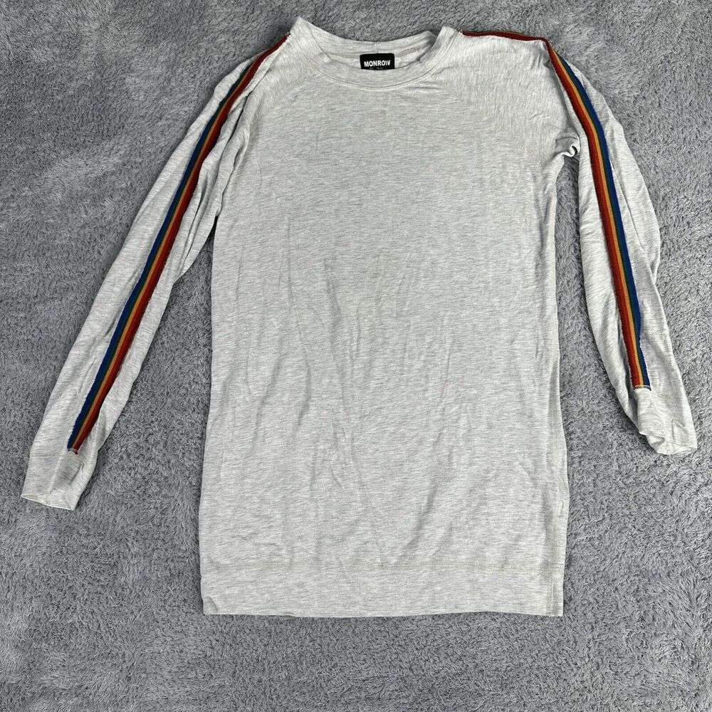 Monrow Mommy Women's Long Sleeve Sweatshirt XS Grey Rainbow Sleeve Crew Neck